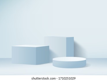 Podium display in abstract blue composition, 3d render, 3d illustration, Background mockup 3d Blue with podium and minimal light scene display, Stage mockup abstract geometric shape blue pastel color.