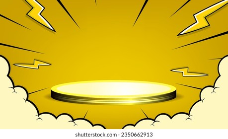 podium display background with cartoon cloud, lightning and zoom element effect on yellow