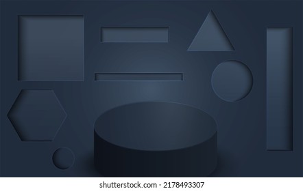 Podium display black background with geometric shapes. Empty room studio texture. Blank light effect vector design.