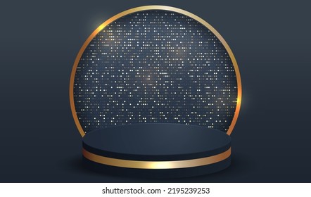 El podio muestra el fondo negro con formas geométricas de oro. Textura de estudio de habitación vacía con puntos dorados. Diseño vectorial de efecto luminoso de lujo.