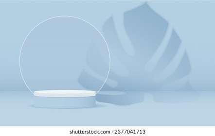 El podio muestra el fondo azul con sombra de hojas de monstera tropical. Habitación vacía estudio futurista ligero con textura redonda de vidrio. Diseño vectorial de efecto luminoso en blanco.