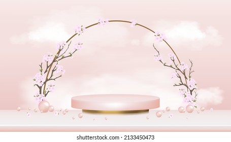 Podium Display with Cherry Blossom,Pink Sky with fluffy cloud background,Vector illustration backdrop Spring flower with Cylinder Stand platform,Studio room with blossoming branches Sakura flowers 