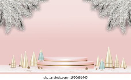 Podium Display of Christmas or New Year mockup scene on Pink Pastel Background,Vector Luxury  3D Gold Cylinder Stand Platform on Marble,Stage Pedestal Banner for Happy New Year 2023 background