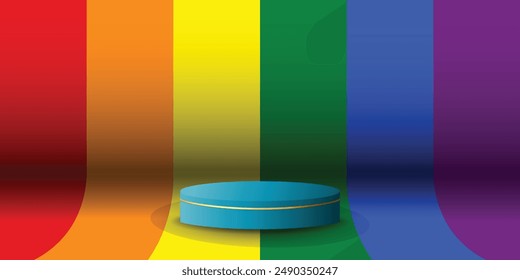 Podium display color, with LGBTQ flag background. Modern studio, wall scene fashion, stage podium scene with for Award Ceremony. 3D rendering.