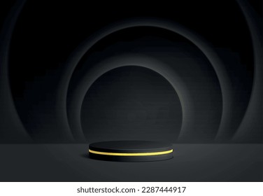 Podiumanzeige für kosmetischen Hintergrund. Studiobühne mit Hintergrundschatten und Kreise auf der Wand. Realistische Vektorgrafik von schwarzem Podest mit goldenem Ring auf schwarzem Hintergrund