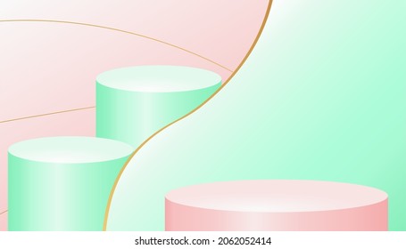 podium display empty exhibition three cylinder presentation monochrome golden green pink background stripes geometric shelf for goods