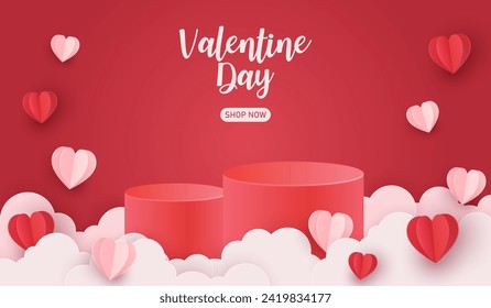 podium display happy valentine's day with heart on red background. Vector illustration paper cut style. love for happy.Valentine greeting card. copy space for text.