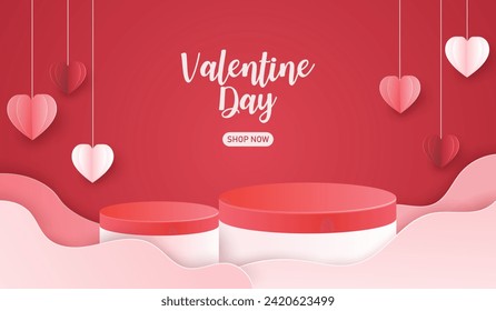 podium display happy valentine's day with heart paper cut on red background. valentine poster banner sale copy space. love in february concept wallpaper. vector illustration design.