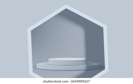 Podium for display inside hexagon window. White and grey background with shadow. Empty room studio texture. Mock up vector design.