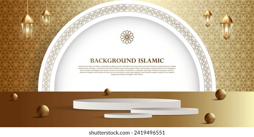 Podium display with an Islamic or Arabic theme with a luxurious gold background