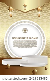 Podium display with an Islamic or Arabic theme with a luxurious gold background