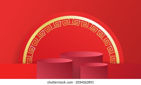 Podium display minimum Chinese new year with  asian elements on red background  for online content in the new year 2022 , illustration Vector EPS 10