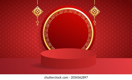Podium display minimum Chinese new year with  asian elements on red background  for online content in the new year 2022 , illustration Vector EPS 10