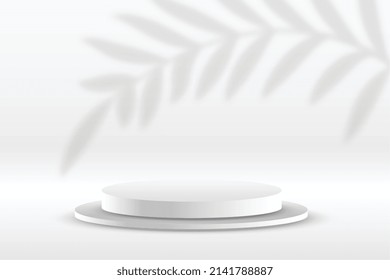 podium display mockup white background with leaves shadow