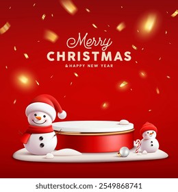 Podium display red, gold and white color, Merry Christmas and happy new year, snowman poster flyer design on red background, Eps 10 vector illustration