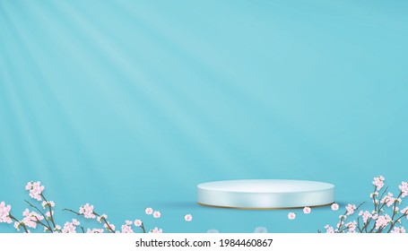 Podium Display with Spring Apple blooming on Blue Sky pastel background,Vector Realistic 3D of White Cylinder Stand platform with pink Cherry blossom branches in Studio Room