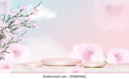 Podium Display with Spring Apple Blossom on Blue and Pink pastel Sky background,Vector Luxury 3D of Pink Gold Cylinder Stand platform on Rose gold foil Marble with Blossoming branches pink sakura 