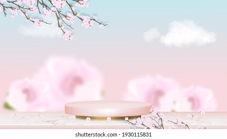 Podium Display with Spring Apple Blossom on Blue and Pink pastel Sky background,Vector Luxury Realistic 3D of Pink Gold Cylinder Stand platform on Rose gold foil Marble with Blossoming pink sakura 