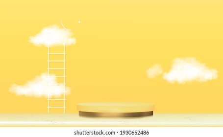 Podium Display Stair ladder,Crescent moon and Cloud Floating on Yellow background,Vector 3D gold Cylinder Stand platform on  Marble floor,Minimal illustration Luxury mockup for Product presentation 