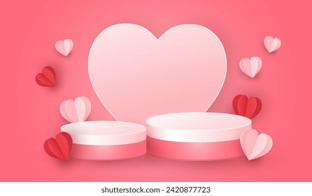 el podio muestra el día de las valentinas con amor en fondo rosado. venta vacía de la escena cardíaca valentina. diseño de corte de papel de ilustración vectorial. copiar el texto del espacio.