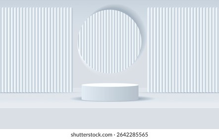 Podium display white and grey background with wood wall. Empty room studio texture. Mock up sale vector design.