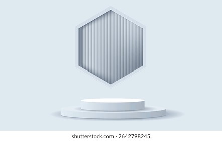 Podium display white and grey background with wood hexagon wall. Empty room studio texture. Mock up sale vector design.
