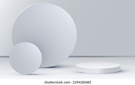 Podium display white and grey geometric wall background. Empty room studio texture. Light show stage for product vector design.