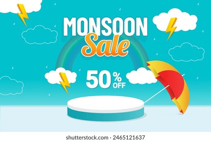 Podium for displaying products during the rainy season. Monsoon sale template, Clouds, Umbrella