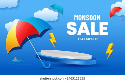 Podium for displaying products during the rainy season. Monsoon sale template