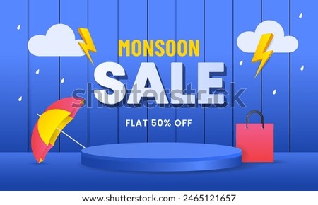 Podium for displaying products during the rainy season. Monsoon sale template, Clouds, Umbrella