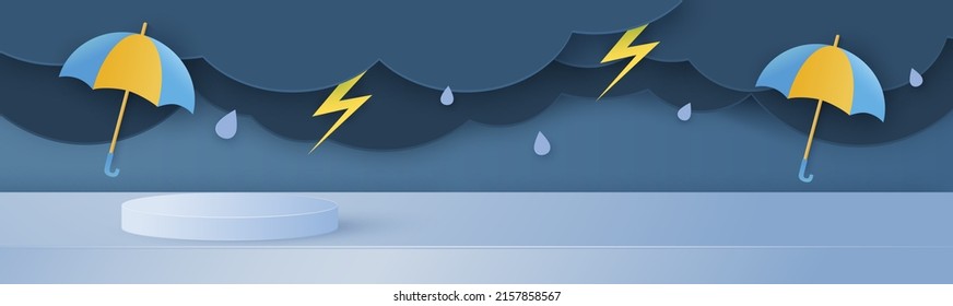 Podium for displaying products in the rainy season. Design with clouds and raindrops on a blue sky background. Paper cut style. Vector illustration.