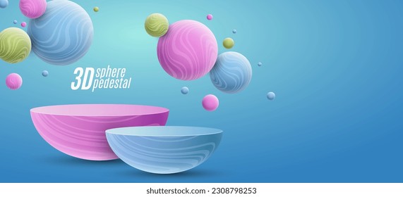 Podium with dynamic 3d spheres textured with striped pattern to showcase your product. Pedestal with colorful flying bubbles. Abstract scene to showcase your product. Vector illustration. EPS 10.