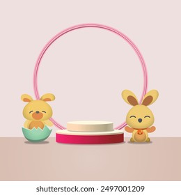 Podium Easter background design. Egg frame. Empty round podium