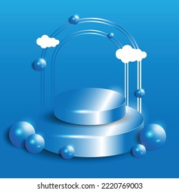 podium empty and ball with blue curtain in blue composition for modern stage display, abstract showcase background. Concept 3d illustration.