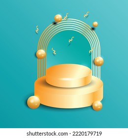 podium empty and ball with gold curtain in blue composition for modern stage display, abstract showcase background. Concept 3d illustration.