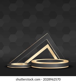 podium empty with geometric shapes in balck and gold composition for modern stage display and minimalist mockup ,abstract showcase background , Concept 3d illustration or 3d render