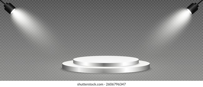Podium, empty pedestal with light for awarding, prize giving, honor vector png. A stage display case for displaying cosmetics or other products. Product advertising stand.