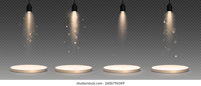 Podium, empty pedestal with light for awarding, prize giving, honor vector png. A stage display case for displaying cosmetics or other products. Product advertising stand.