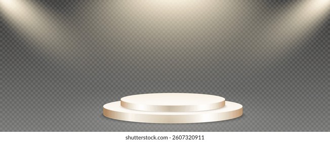 Podium, empty pedestal with light for awarding, prize giving, honor vector png. A stage display case for displaying cosmetics or other products. Product advertising stand.