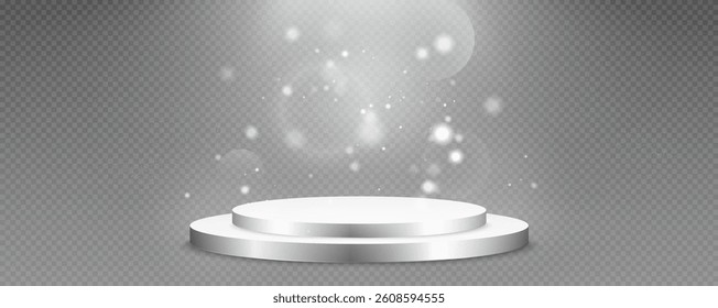 Podium, empty pedestal with light for awarding, prize giving, honor vector png. A stage display case for displaying cosmetics or other products. Product advertising stand.