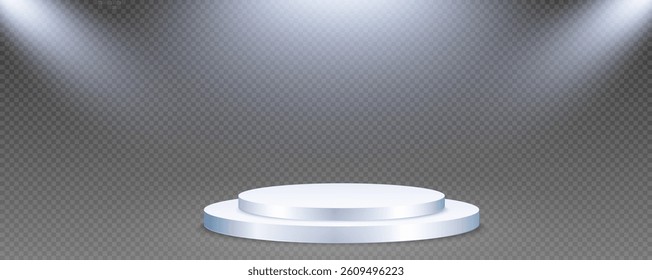 Podium, empty pedestal with light for awarding, prize giving, honor vector png. A stage display case for displaying cosmetics or other products. Product advertising stand.