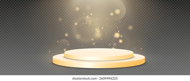 Podium, empty pedestal with light for awarding, prize giving, honor vector png. A stage display case for displaying cosmetics or other products. Product advertising stand.