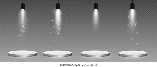 Podium, empty pedestal with light for awarding, prize giving, honor vector png. A stage display case for displaying cosmetics or other products. Product advertising stand.
