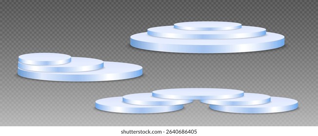 Podium, empty pedestal with light for awarding, prize giving, honor vector png. A stage display case for displaying cosmetics or other products. Product advertising stand.
