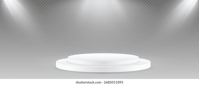 Podium, empty pedestal with light for awarding, prize giving, honor vector png. A stage display case for displaying cosmetics or other products. Product advertising stand.