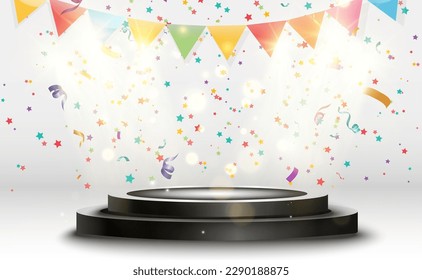 A podium with falling confetti. A pedestal of triumph! The winner of the competition.