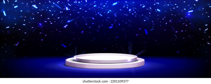 Podium with falling confetti, round gold shiny platform with blue glowing light. Stage for product presentation or winner victory celebration. Vector background, realistic 3d scene and spotlights