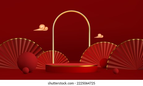 Podium, fans, gold arch and clouds on red background. Chinese promo design.Minimal mockup maroom showcase. Asian festival template. Vector realistic illustration