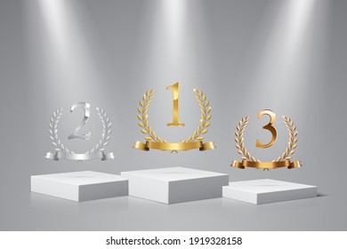 Podium for first, second, third place with laurel, number and ribbon. Gold, silver and bronze ranks on square stage on gray background. Championship in sport vector illustration.