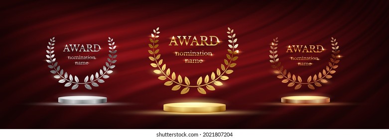 Podium for first, second, third place with laurel, number and text. Gold, silver and bronze ranks on stage on red curtain background. Championship in sport or movie vector illustration. - Shutterstock ID 2021807204